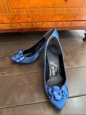 Head Over Heels Blue Satin Pointed-Toe Pumps with Bow Detail